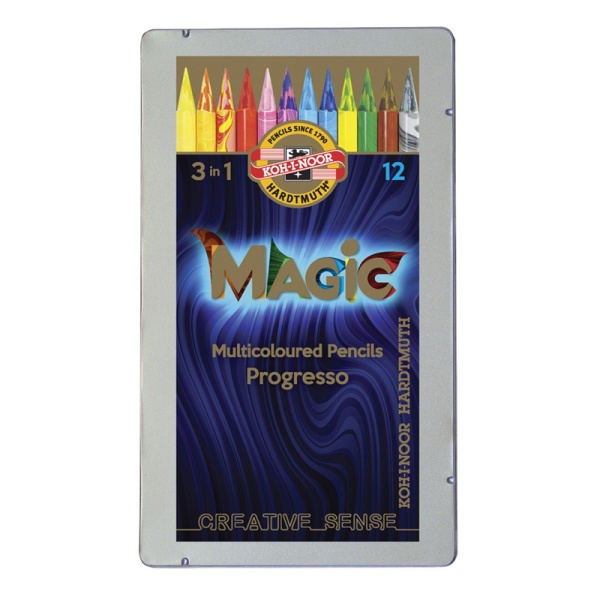 Карандаши с многоцветным грифелем цельнографитные Koh-I-Noor "Progresso Magic 8772", 12шт., заточен., в лаке, металл. коробка 8772012004PL 324474