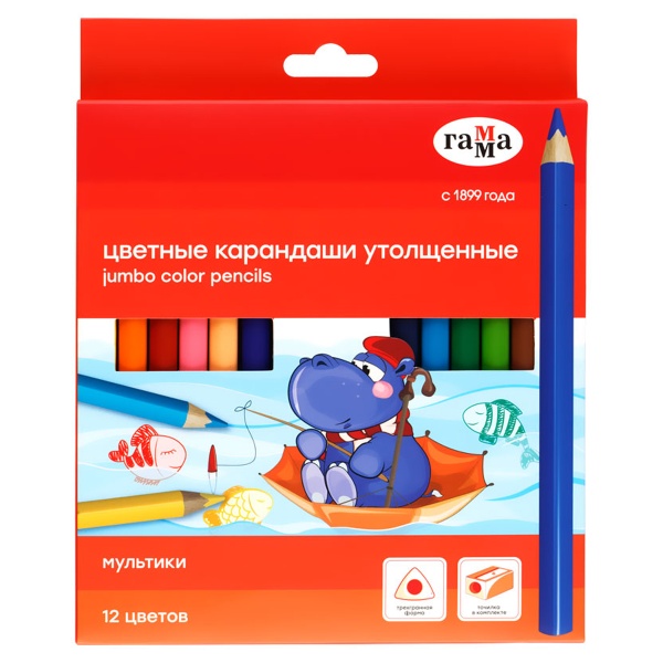 Карандаши цветные Гамма "Мультики", 12цв., утолщ., заточен., картон, европодвес 346998 80220226