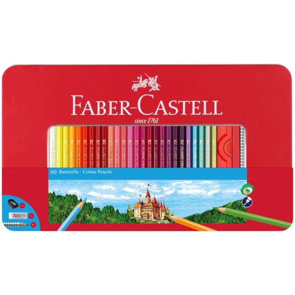 Карандаши цветные Faber-Castell, 60цв.+2 ч/г кар.+ластик+точилка, заточен., метал. кор. 286239 115894