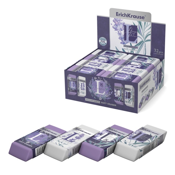 Ластик "Lavender" 60*25*10мм термопластичная резина прямоугольный скошенный, картонная манжетка, ассорти ERICH KRAUSE 56958